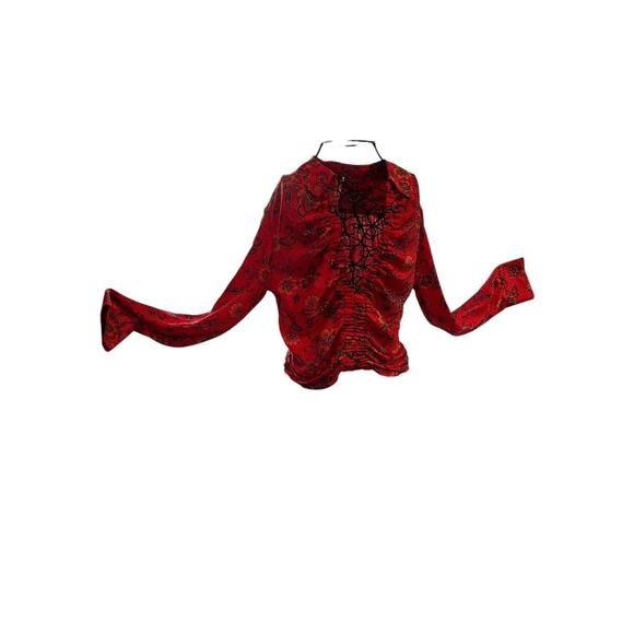 NWT Free People Top Women’s M Red Orange Floral Cropped Blouse Fall Colors - Picture 6 of 13